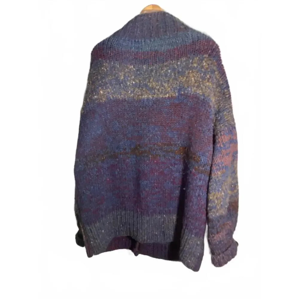 70's Cozy Hand-Knit Super Chunky Oversized  Wool  Multi-Colored Sweater Coat OS - Picture 10 of 11